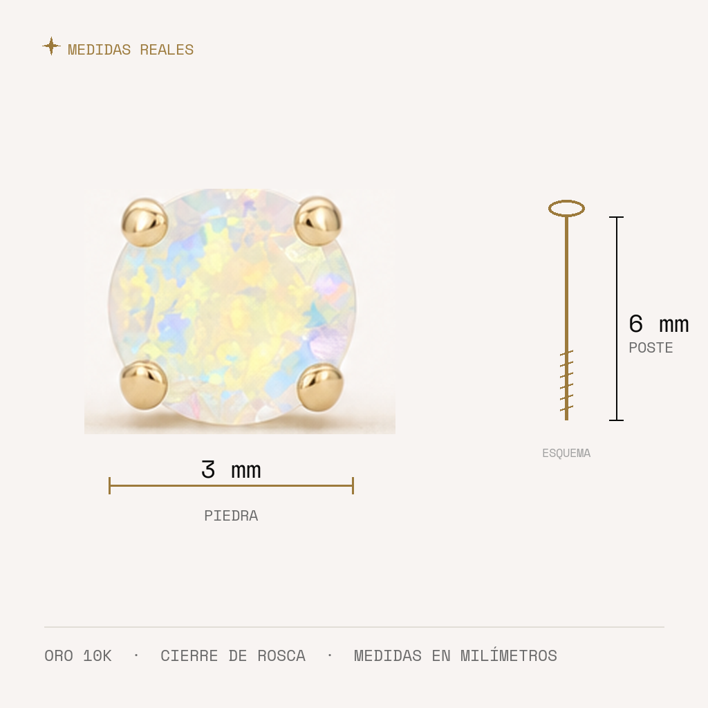 Broquel Solitario Zirconia Tornasol 3 mm Oro 10K — medidas reales