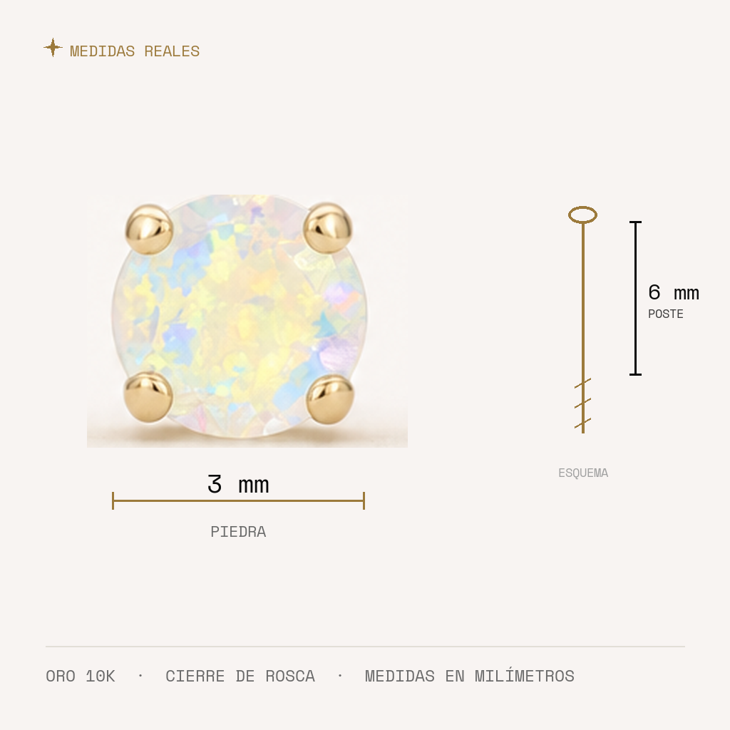 Broquel Solitario Zirconia Tornasol 3 mm Oro 10K — medidas reales