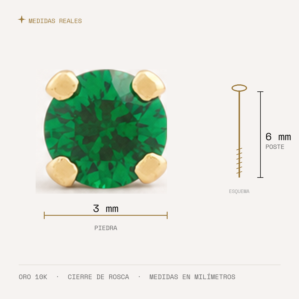 Broquel Solitario Zirconia Verde 3 mm Oro 10K — medidas reales