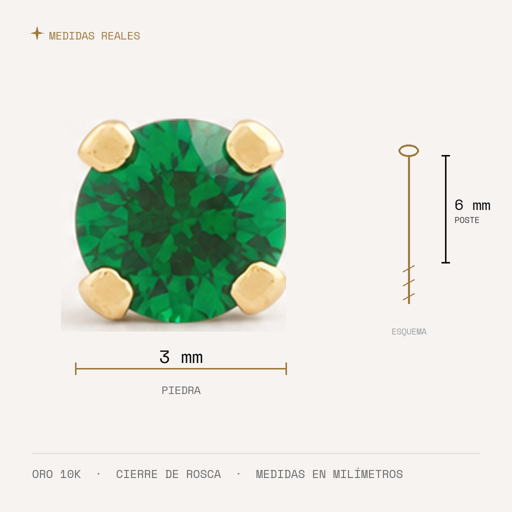 Broquel Solitario Zirconia Verde 3 mm Oro 10K — medidas reales