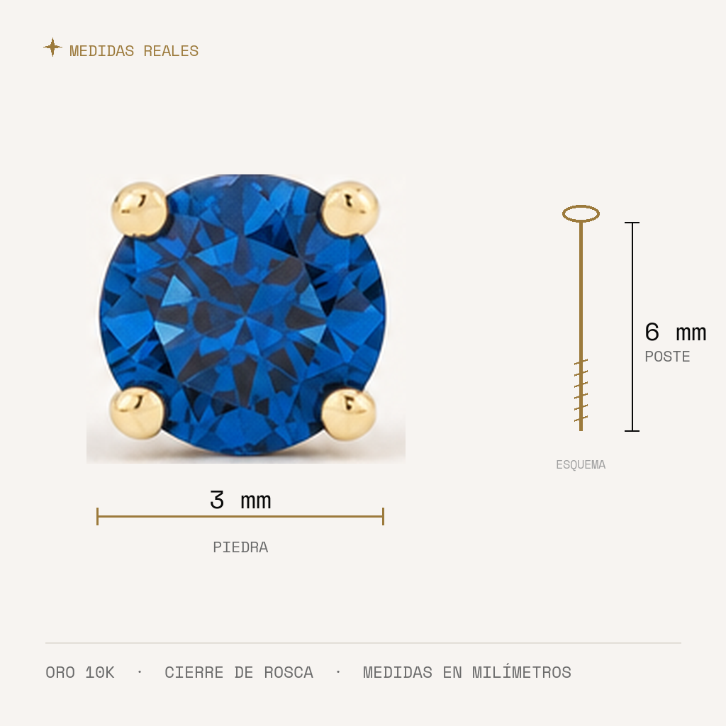 Broquel Solitario Zirconia Azul 3 mm Oro 10K — medidas reales