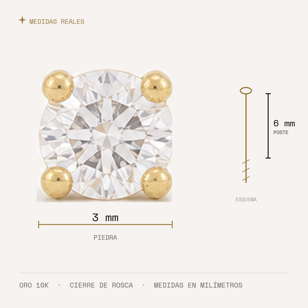 Broquel Solitario Zirconia Blanca 3 mm Oro 10K — medidas reales