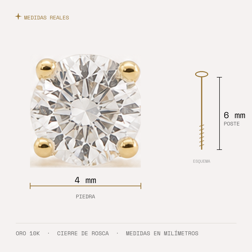 Broquel Solitario Zirconia Blanca 4 mm Oro 10K — medidas reales