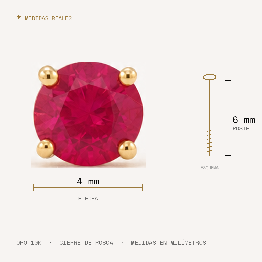 Broquel Solitario Zirconia Rubí 4 mm Oro 10K — medidas reales