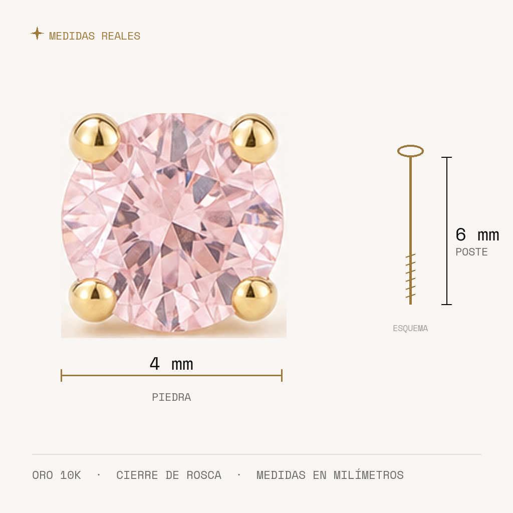 Broquel Solitario Zirconia Rosa 4 mm Oro 10K — medidas reales
