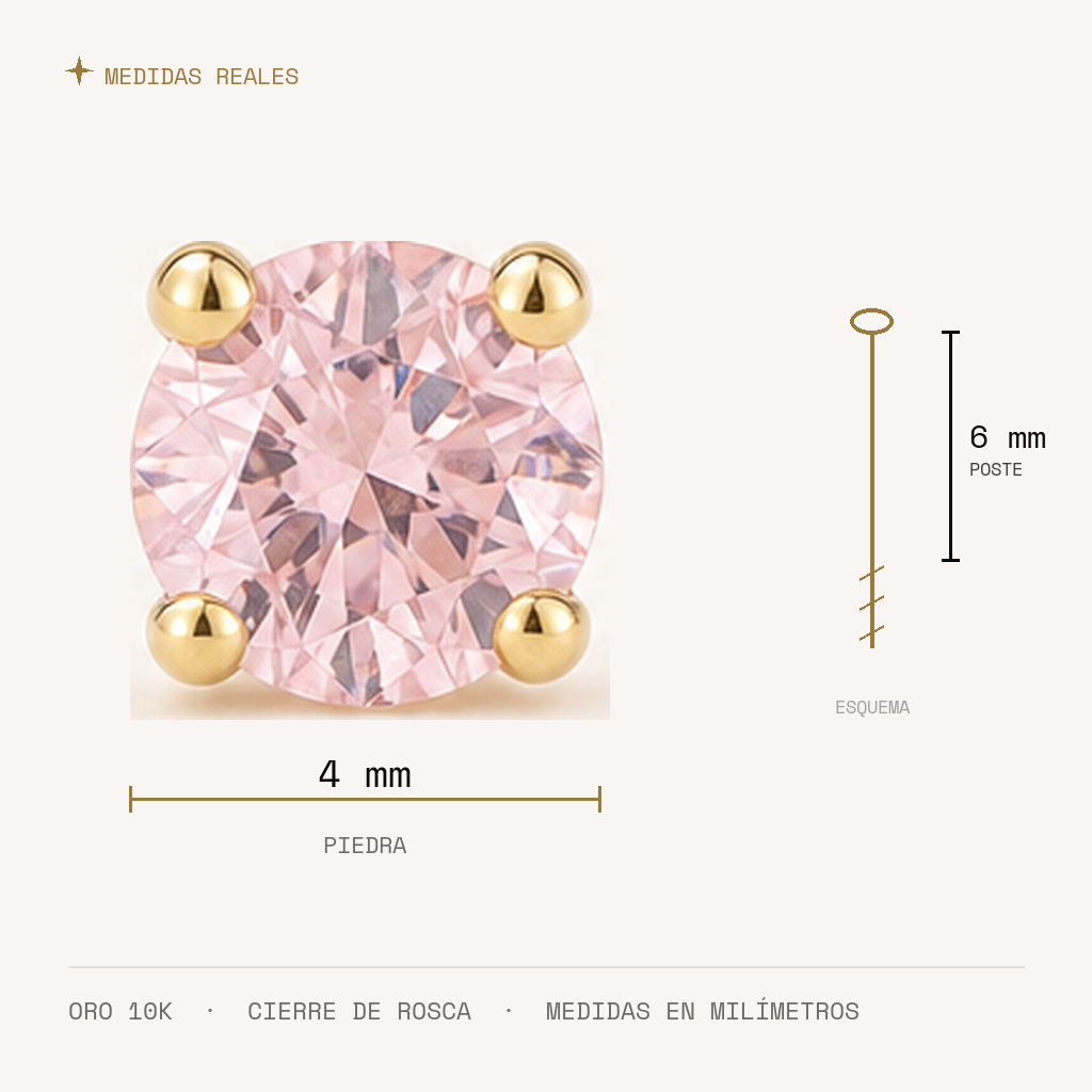 Broquel Solitario Zirconia Rosa 4 mm Oro 10K — medidas reales