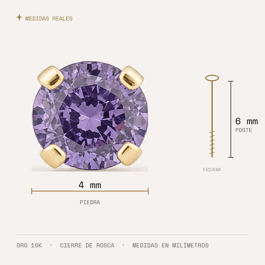 Broquel Solitario Zirconia Amatista 4 mm Oro 10K — medidas reales