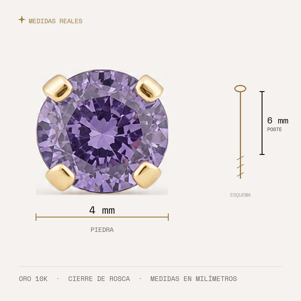 Broquel Solitario Zirconia Amatista 4 mm Oro 10K — medidas reales