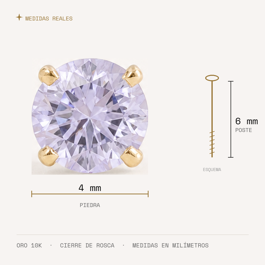 Broquel Solitario Zirconia Lila 4 mm Oro 10K — medidas reales