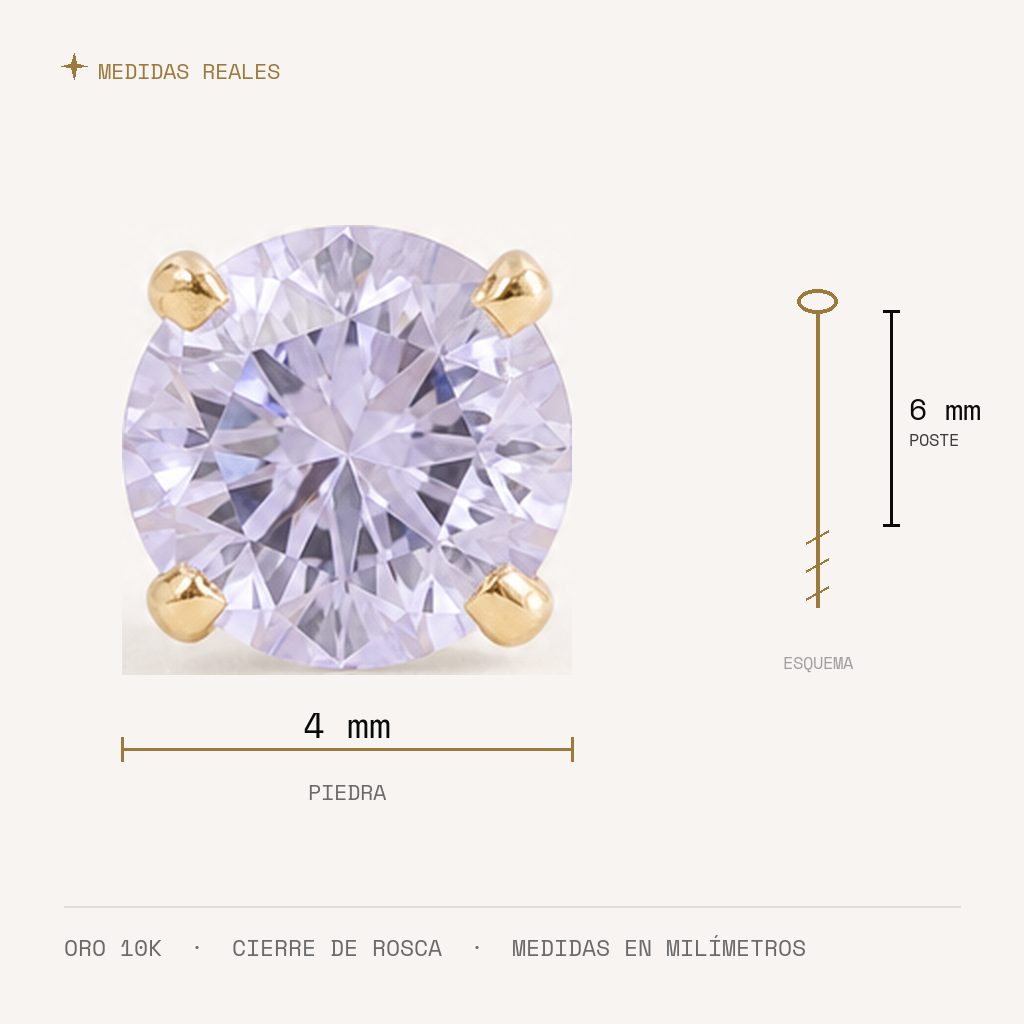 Broquel Solitario Zirconia Lila 4 mm Oro 10K — medidas reales