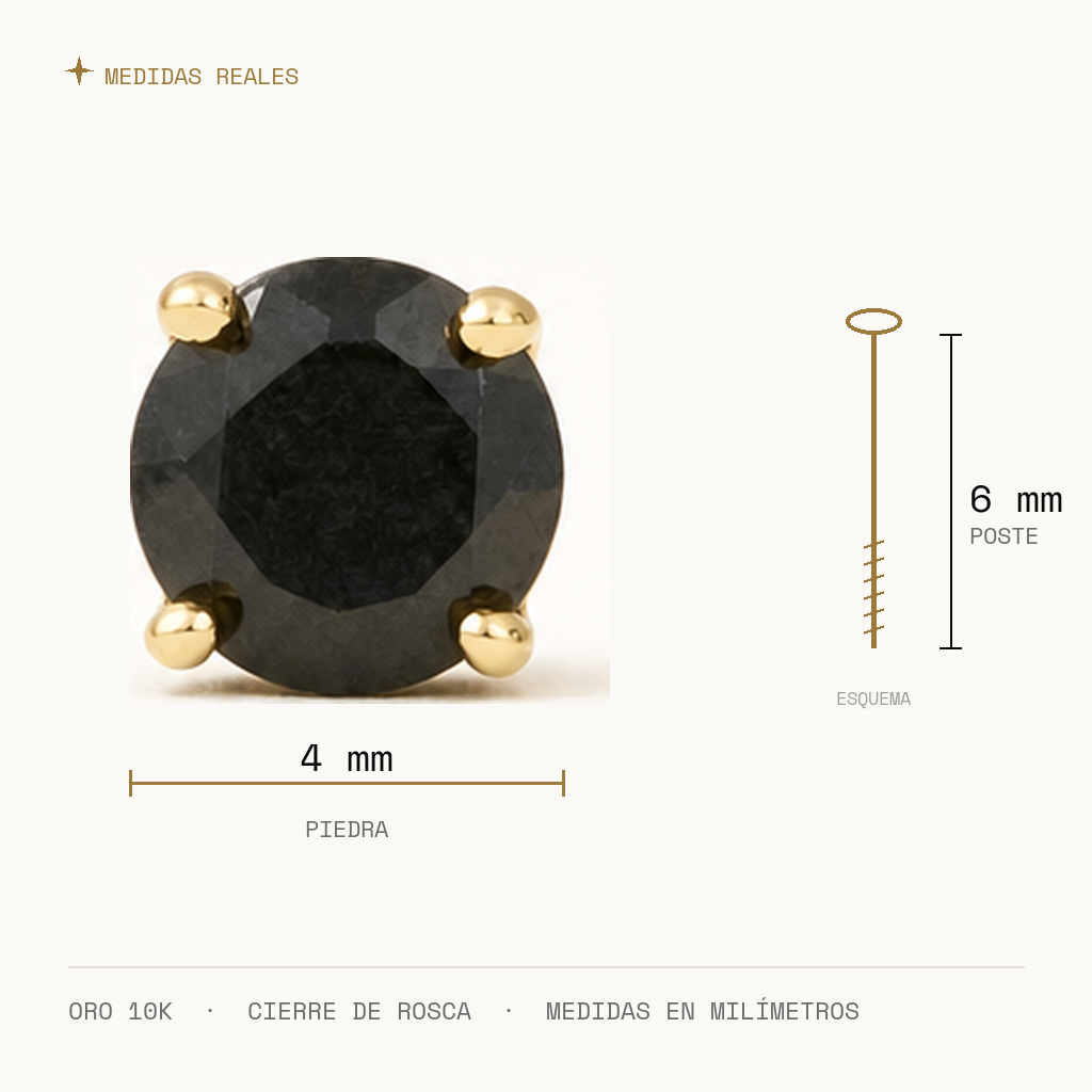 Broquel Solitario Zirconia Negra 4 mm Oro 10K — medidas reales