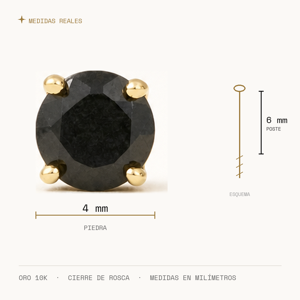 Broquel Solitario Zirconia Negra 4 mm Oro 10K — medidas reales