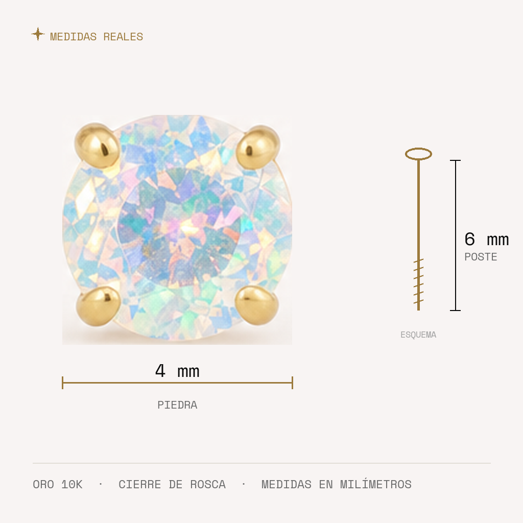 Broquel Solitario Zirconia Tornasol 4 mm Oro 10K — medidas reales