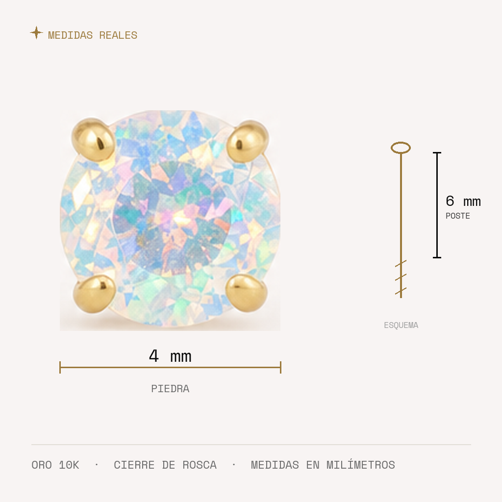 Broquel Solitario Zirconia Tornasol 4 mm Oro 10K — medidas reales