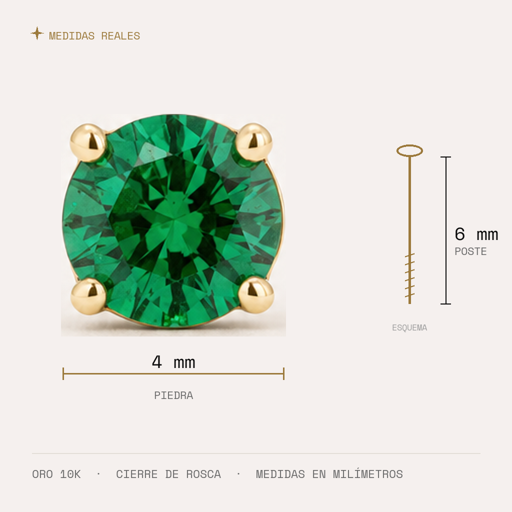 Broquel Solitario Zirconia Verde 4 mm Oro 10K — medidas reales
