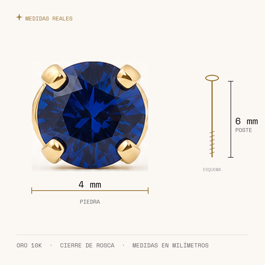 Broquel Solitario Zirconia Azul 4 mm Oro 10K — medidas reales