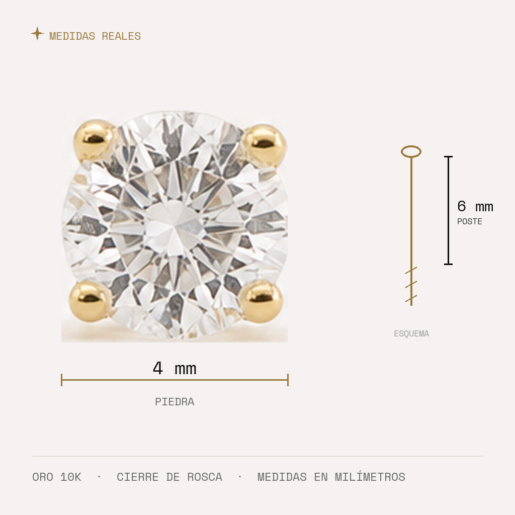 Broquel Solitario Zirconia Blanca 4 mm Oro 10K — medidas reales