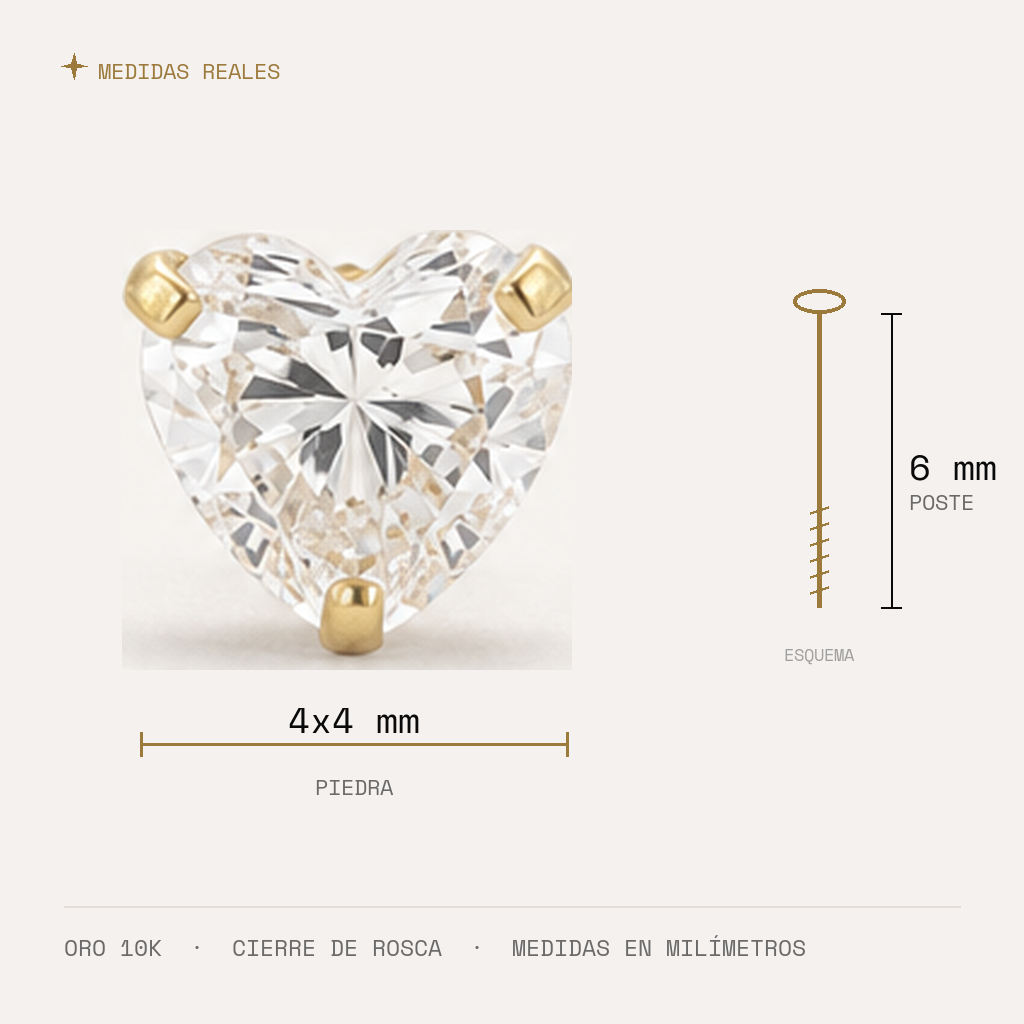 Broquel Corazón Zirconia 4 mm Oro 10K — medidas reales