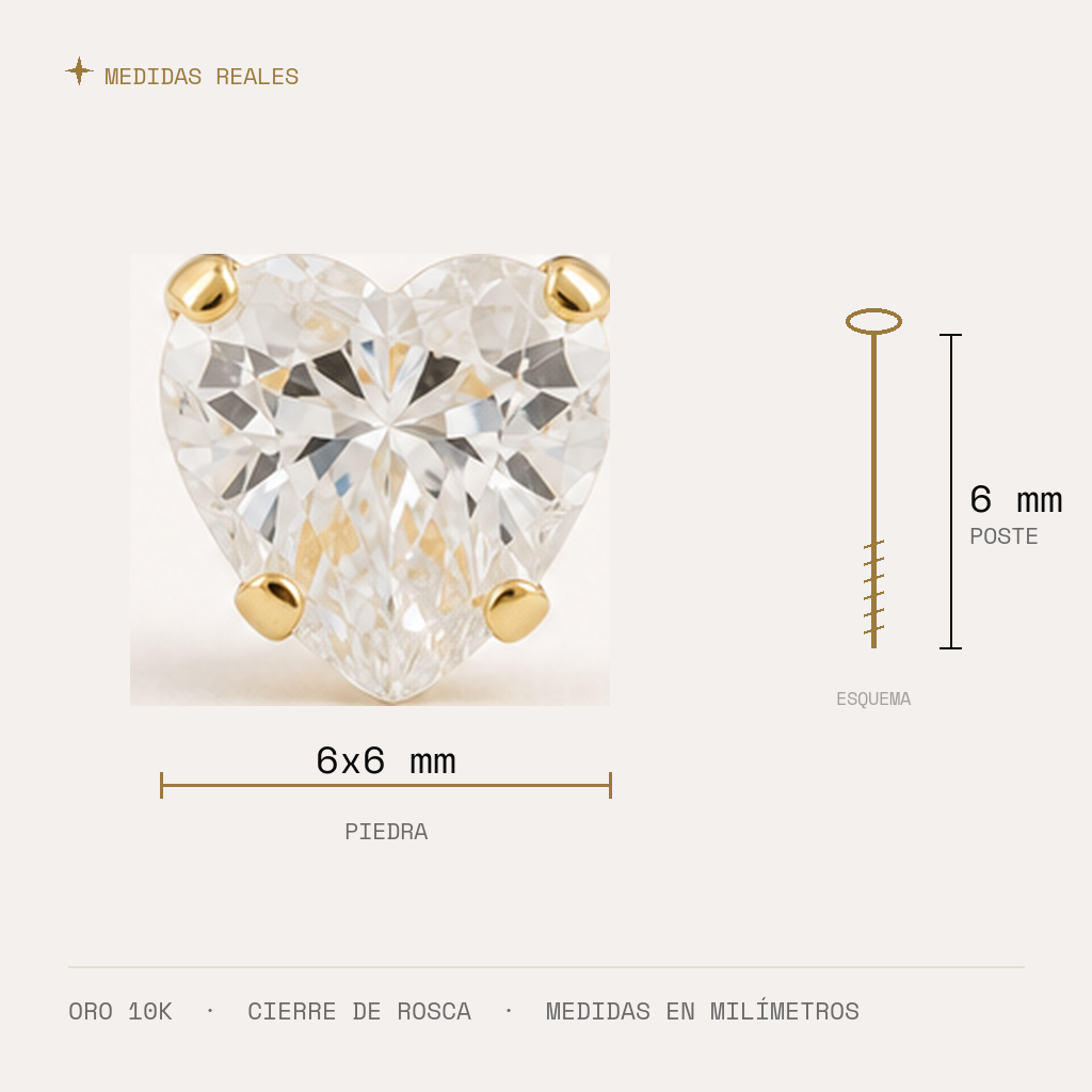 Broquel Corazón Zirconia 6 mm Oro 10K — medidas reales