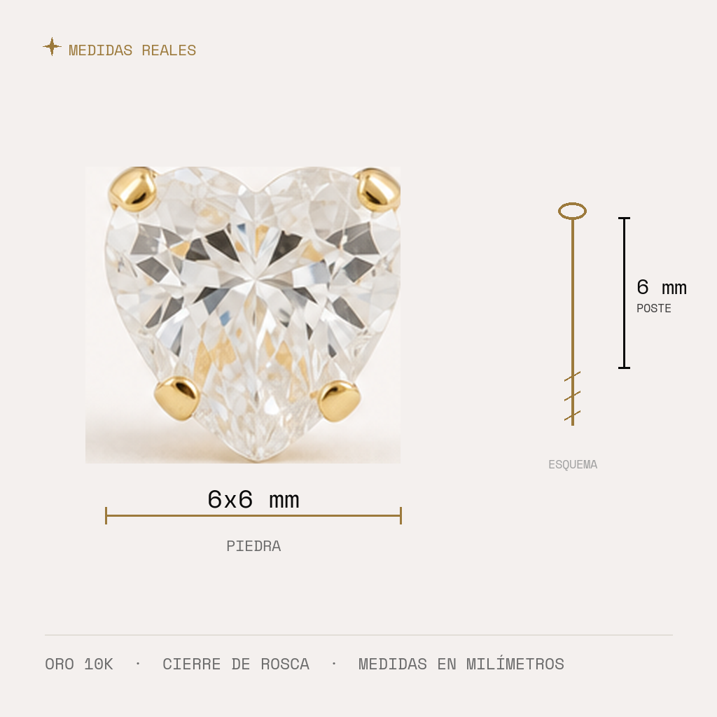 Broquel Corazón Zirconia 6 mm Oro 10K — medidas reales