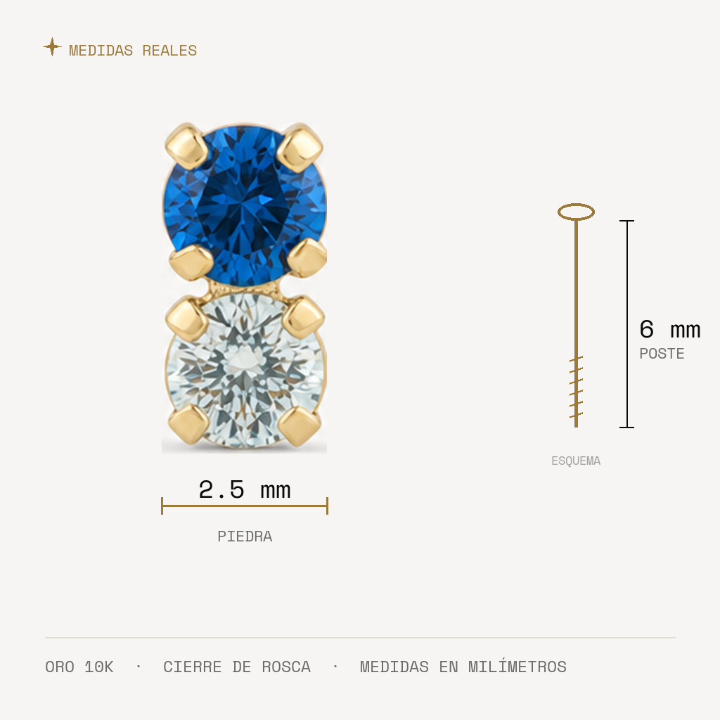 Broquel Doble Piedra Azul y Aqua Oro 10K — medidas reales