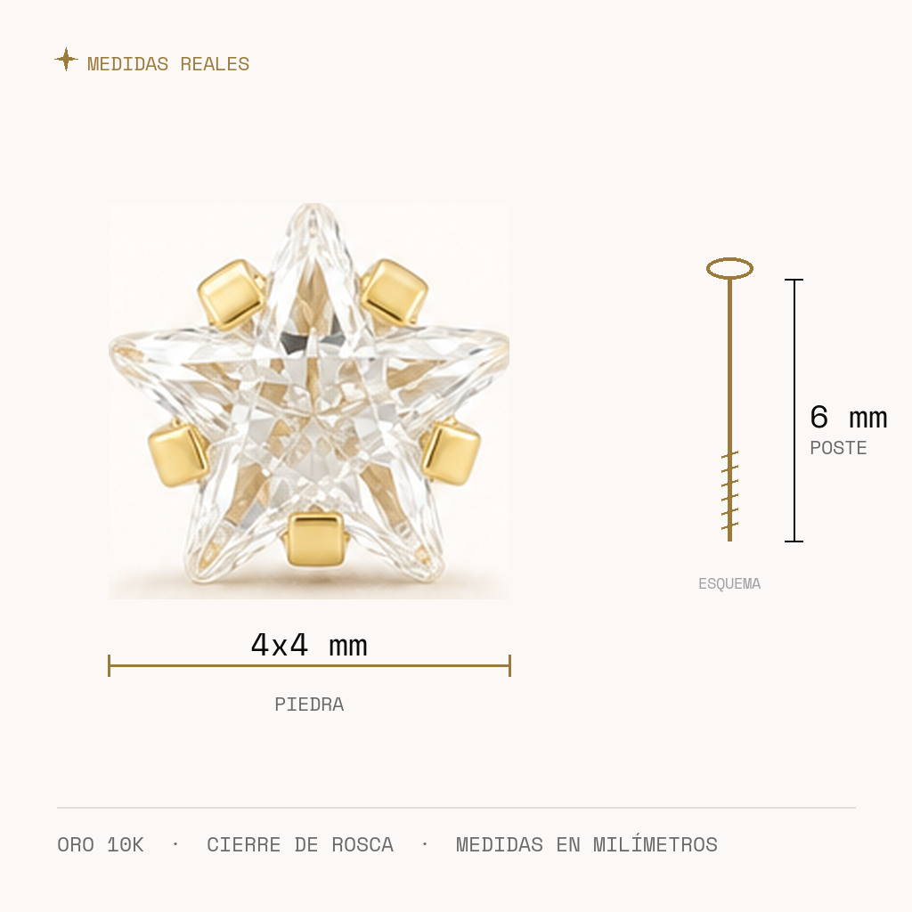 Broquel Estrella Zirconia 4 mm Oro 10K — medidas reales