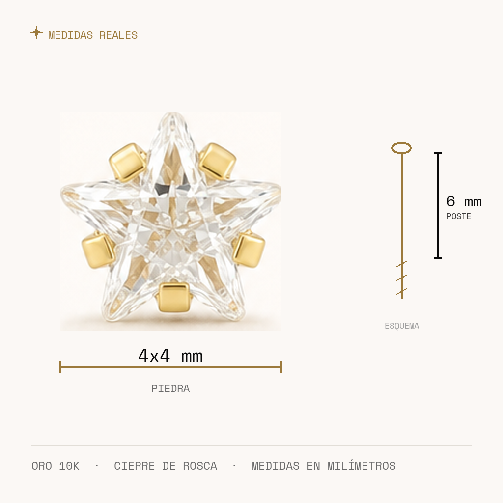 Broquel Estrella Zirconia 4 mm Oro 10K — medidas reales