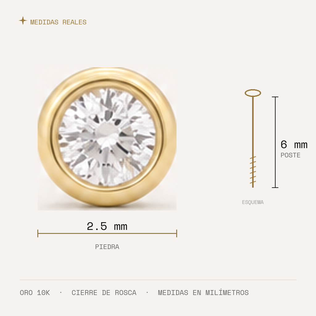 Broquel Bisel Zirconia Blanca 2.5 mm Oro 10K — medidas reales
