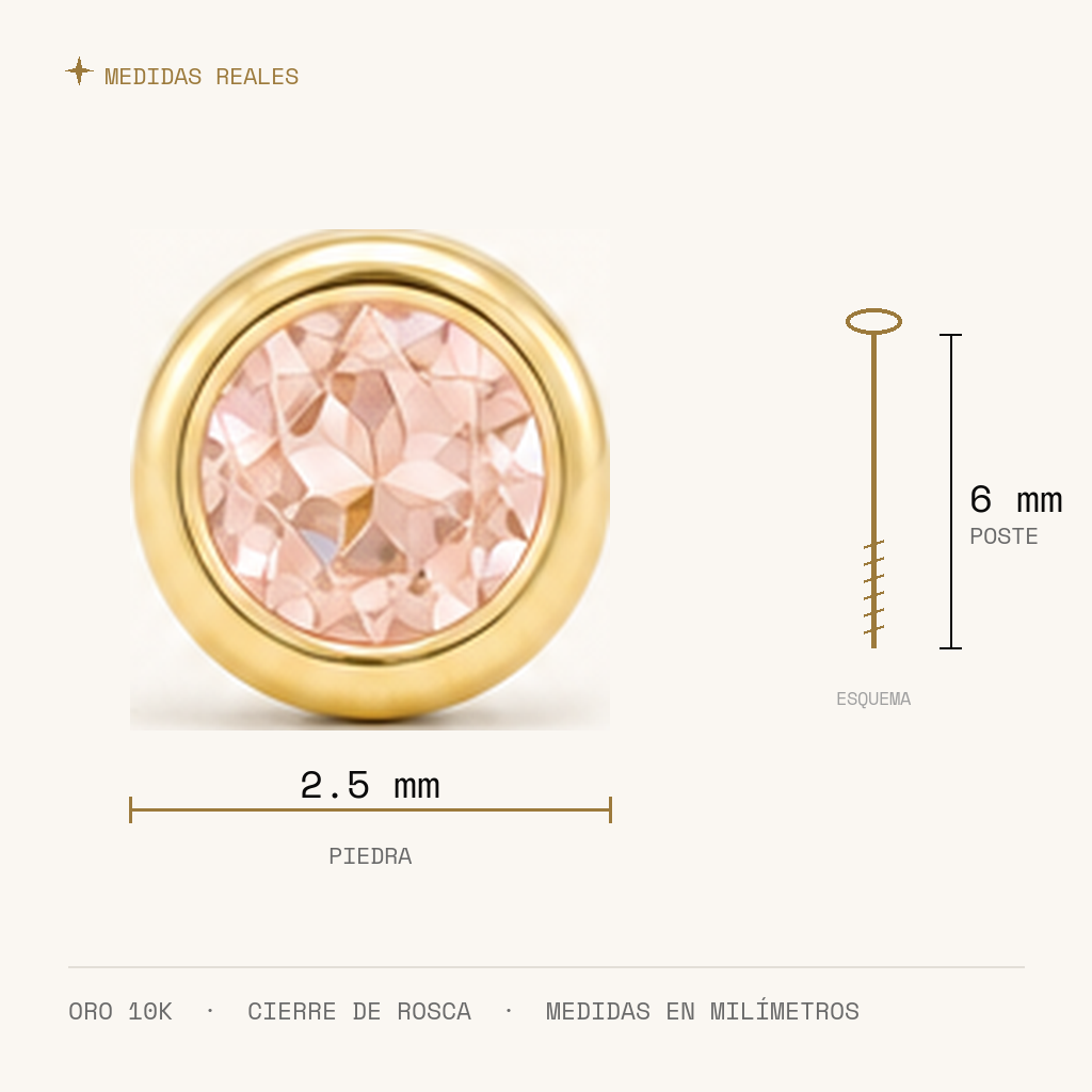 Broquel Bisel Zirconia Rosa 2.5 mm Oro 10K — medidas reales