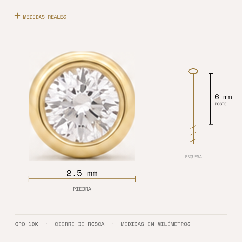 Broquel Bisel Zirconia Blanca 2.5 mm Oro 10K — medidas reales