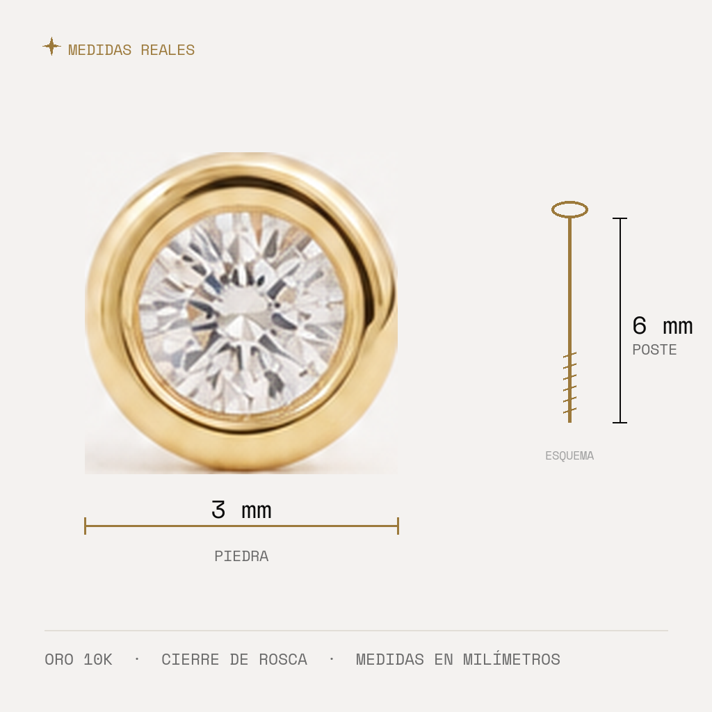 Broquel Bisel Zirconia Blanca 3 mm Oro 10K — medidas reales
