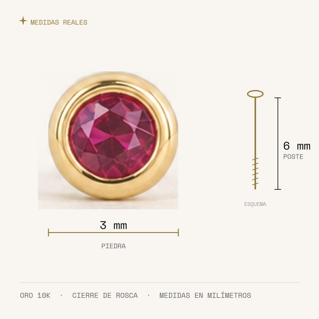 Broquel Bisel Zirconia Rubí 3 mm Oro 10K — medidas reales