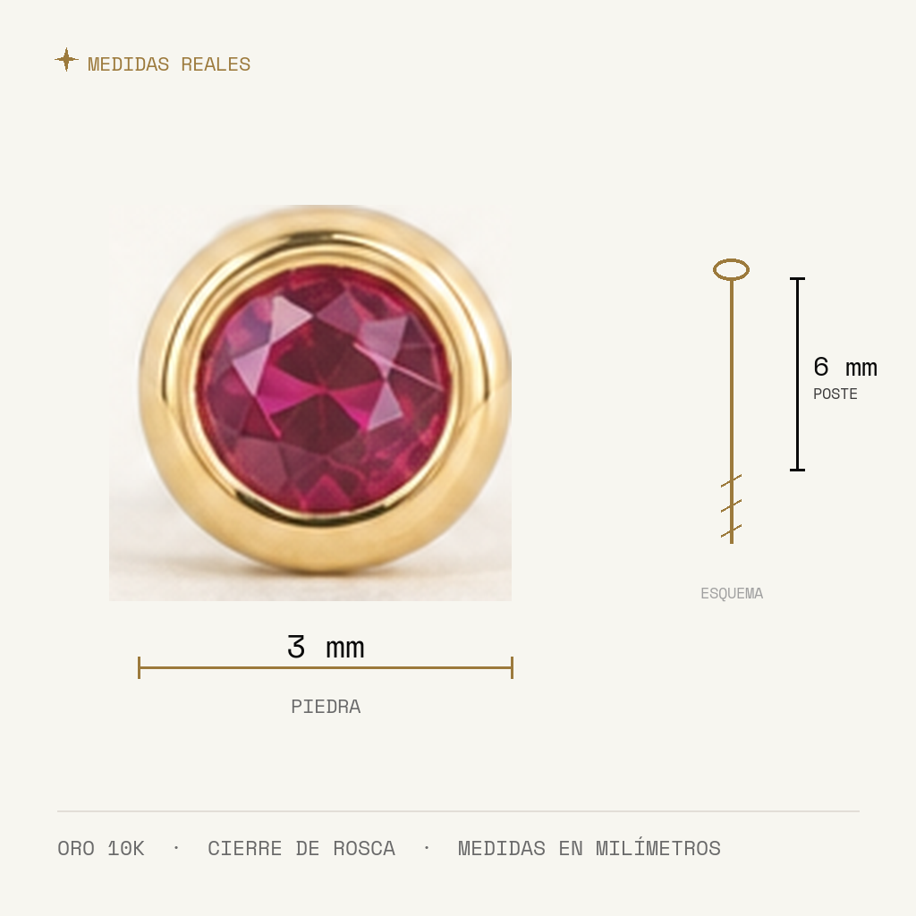 Broquel Bisel Zirconia Magenta 3 mm Oro 10K — medidas reales