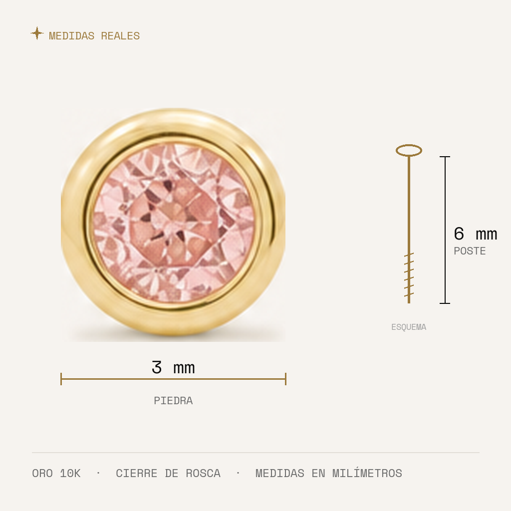 Broquel Bisel Zirconia Rosa 3 mm Oro 10K — medidas reales