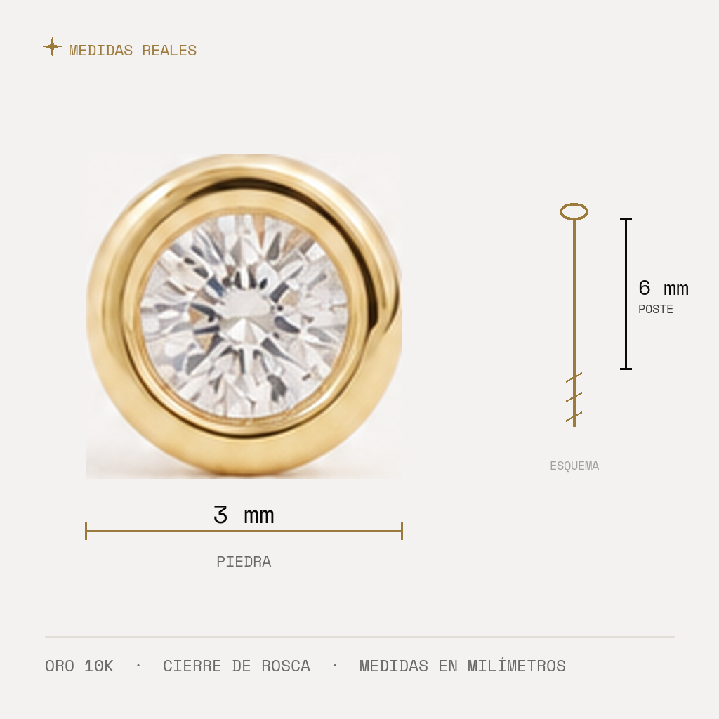 Broquel Bisel Zirconia Blanca 3 mm Oro 10K — medidas reales