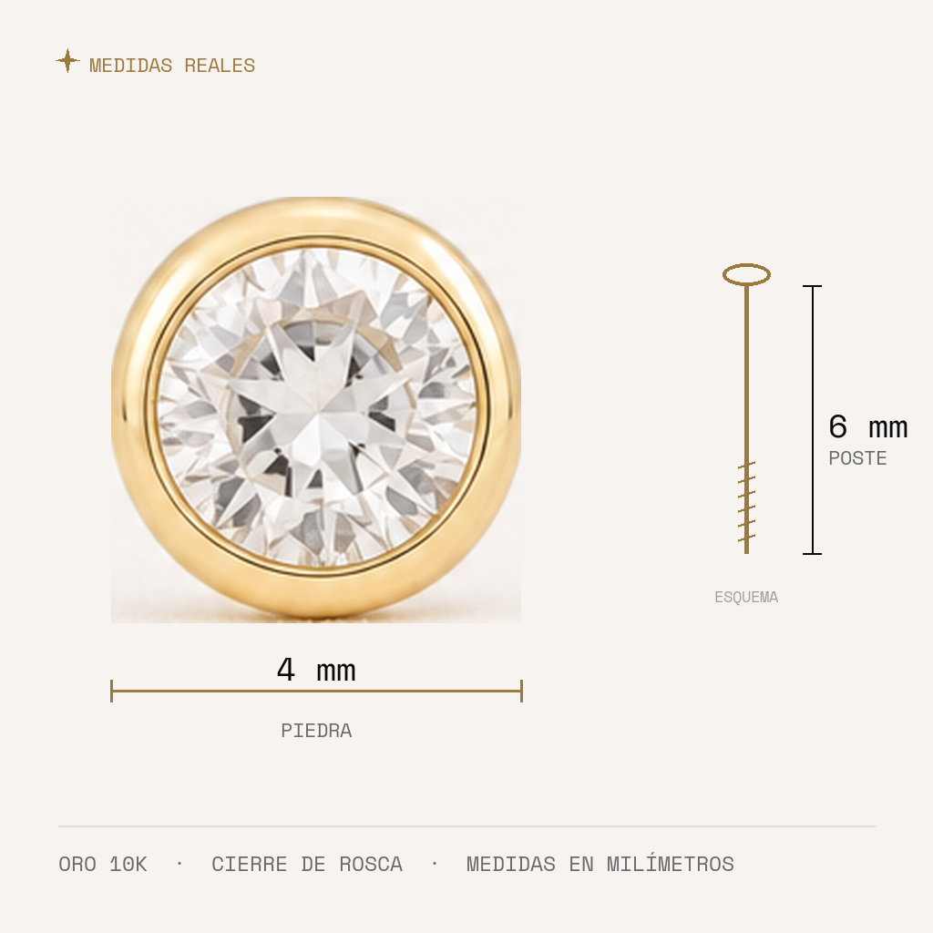 Broquel Bisel Zirconia Blanca 4 mm Oro 10K — medidas reales