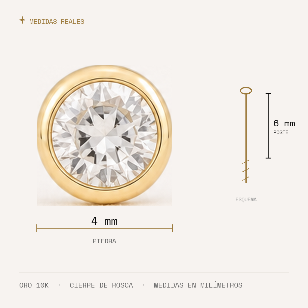 Broquel Bisel Zirconia Blanca 4 mm Oro 10K — medidas reales