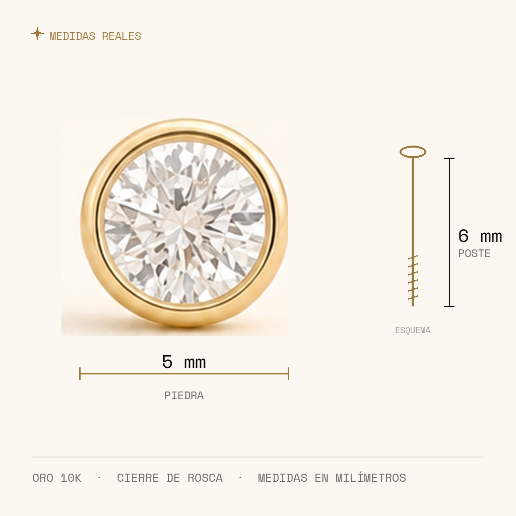 Broquel Bisel Zirconia Blanca 5 mm Oro 10K — medidas reales