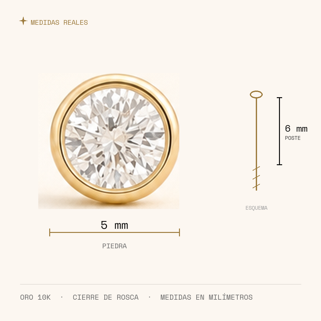 Broquel Bisel Zirconia Blanca 5 mm Oro 10K — medidas reales