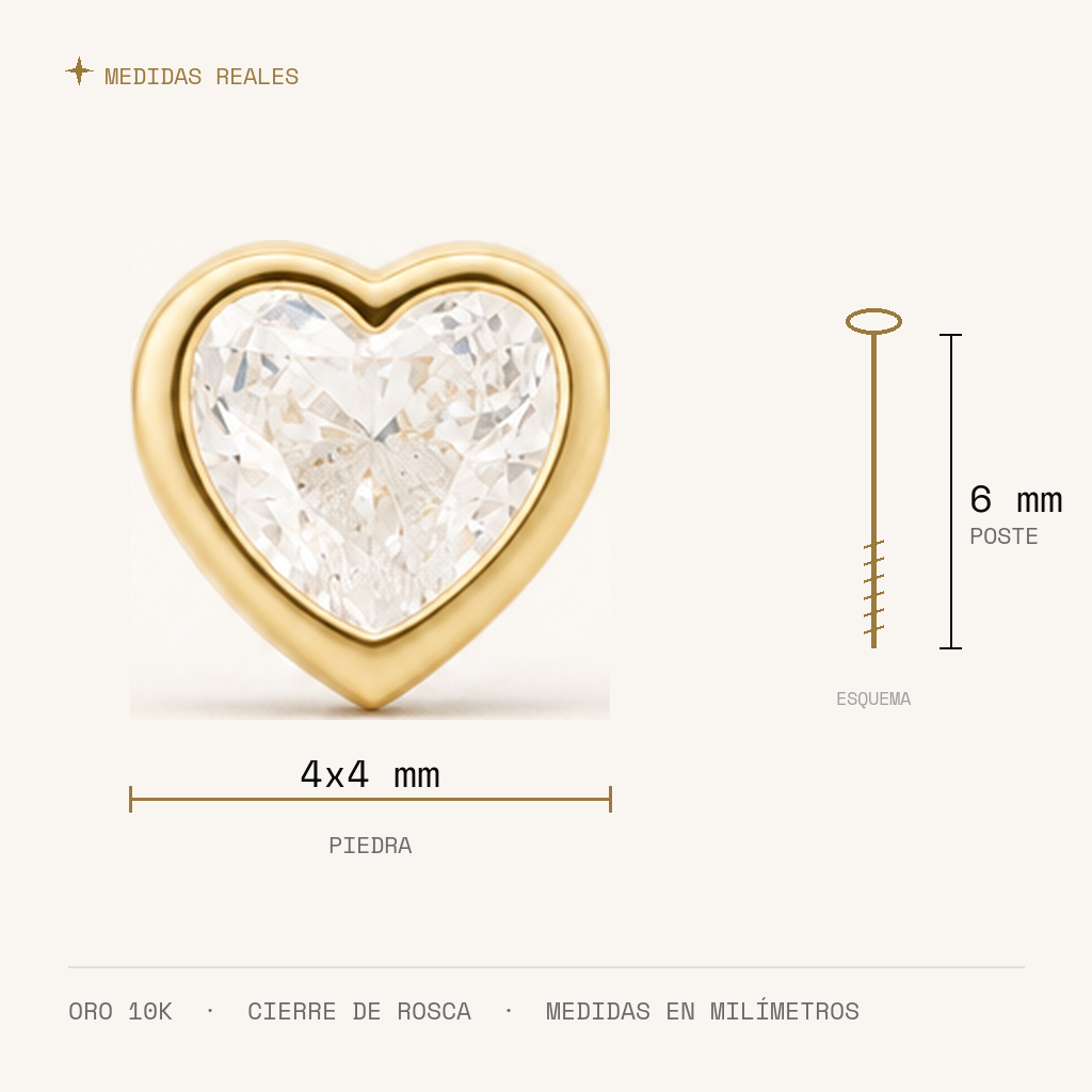 Broquel Bisel Corazón Zirconia 4 mm Oro 10K — medidas reales