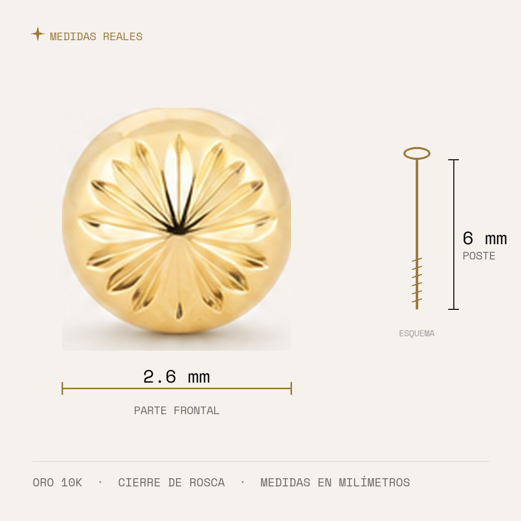 Broquel Hongo 2.6 mm Oro 10K — medidas reales