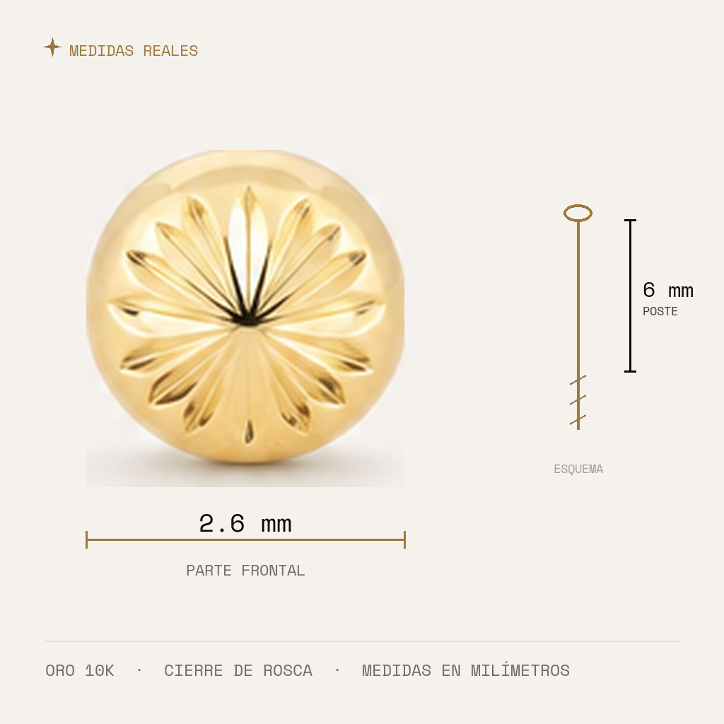 Broquel Hongo 2.6 mm Oro 10K — medidas reales