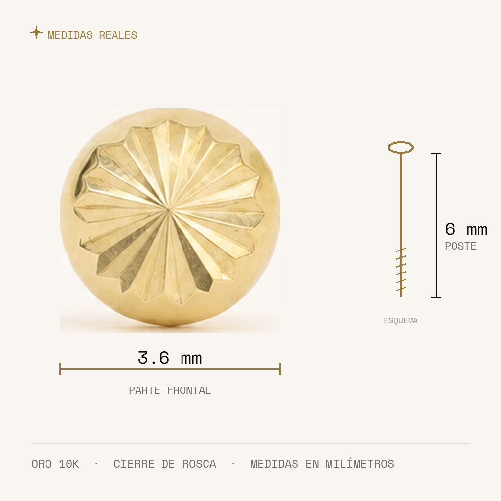 Broquel Hongo 3.6 mm Oro 10K — medidas reales
