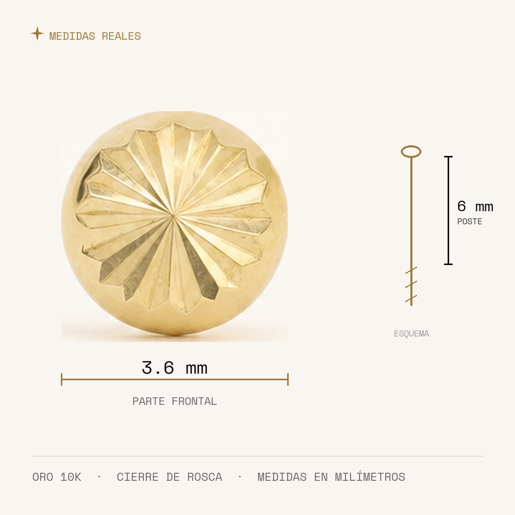 Broquel Hongo 3.6 mm Oro 10K — medidas reales