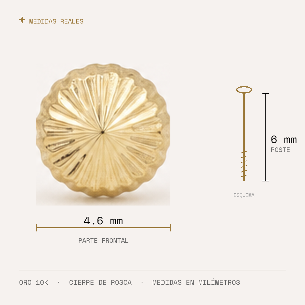 Broquel Hongo 4.6 mm Oro 10K — medidas reales