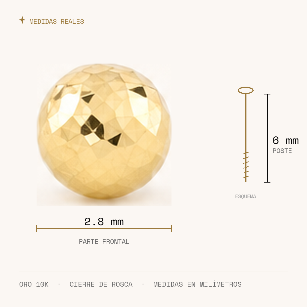 Broquel Dormilona 2.8 mm Oro 10K — medidas reales