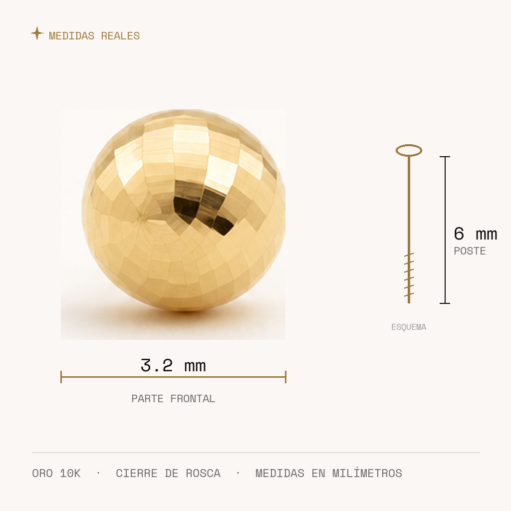 Broquel Dormilona 3.2 mm Oro 10K — medidas reales