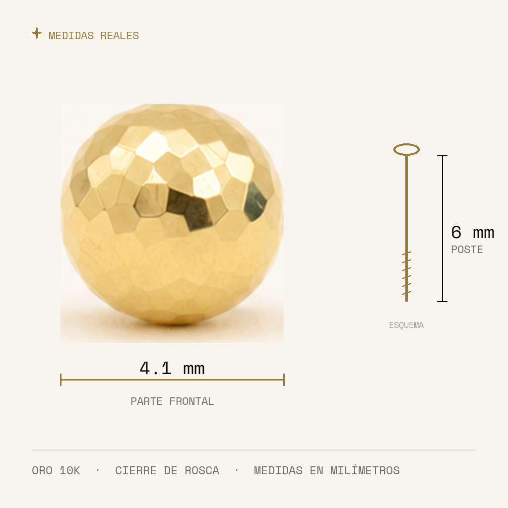 Broquel Dormilona 4.1 mm Oro 10K — medidas reales