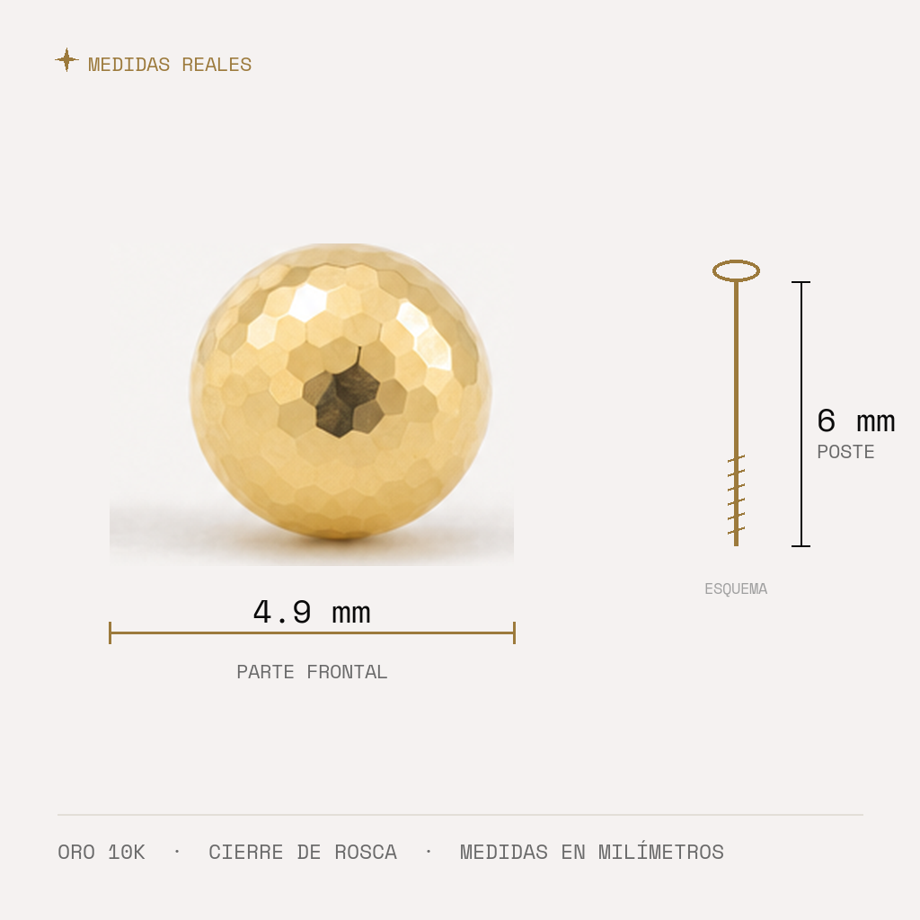 Broquel Dormilona 4.9 mm Oro 10K — medidas reales