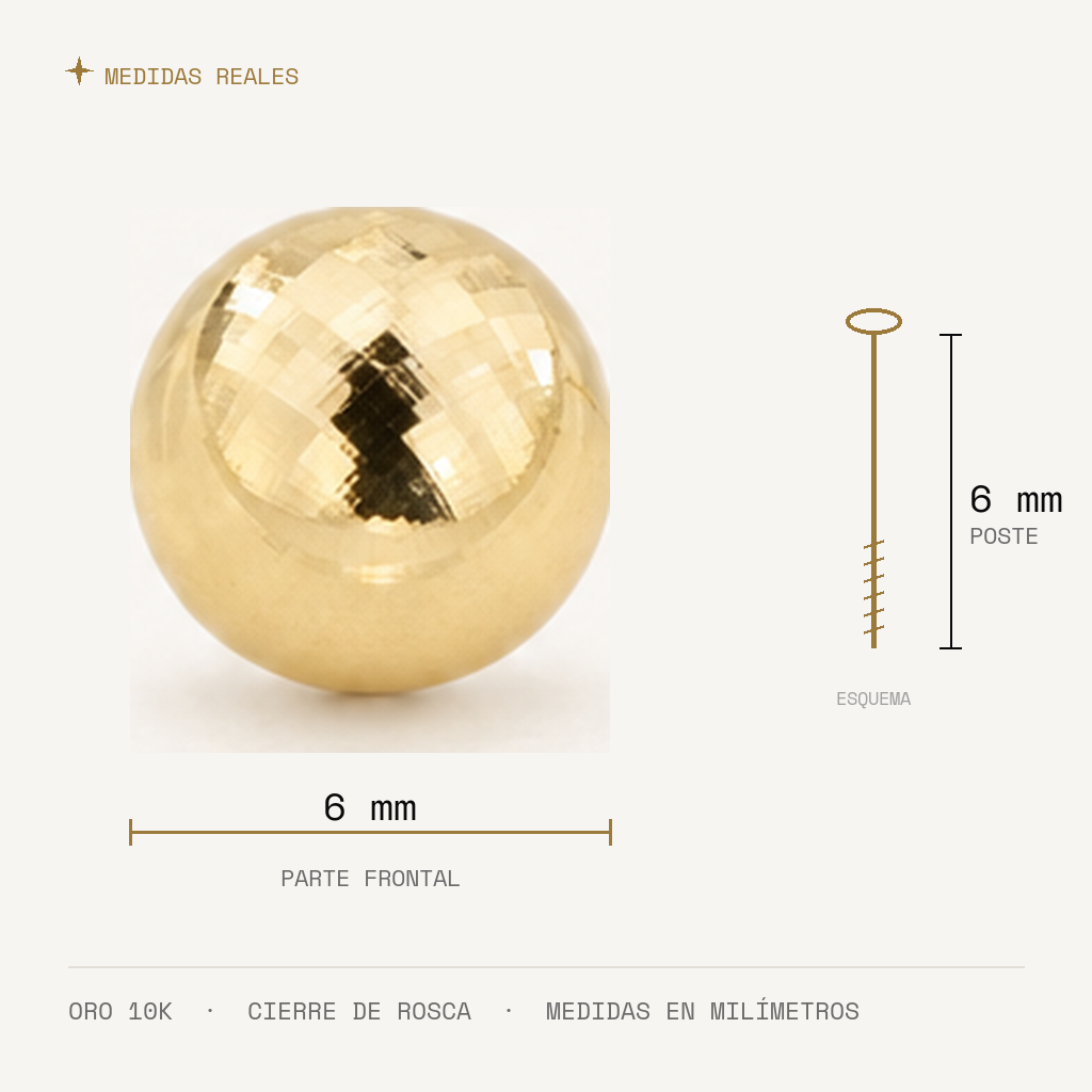 Broquel Dormilona 6 mm Oro 10K — medidas reales